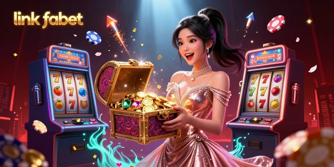 Engage with vibrant slot games at link fabet, featuring cheerful Asian woman presenting a treasure chest of riches.