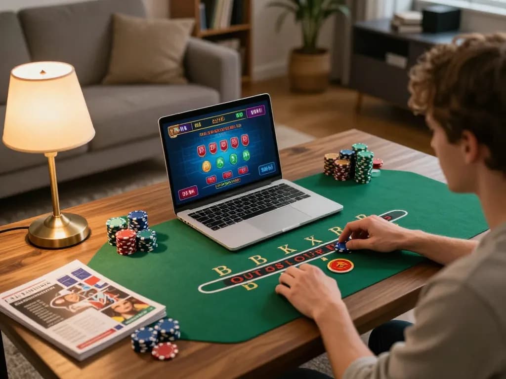 Playing an exciting live dealer blackjack game in a cozy home setup using VB88 app with chips and strategy notes.