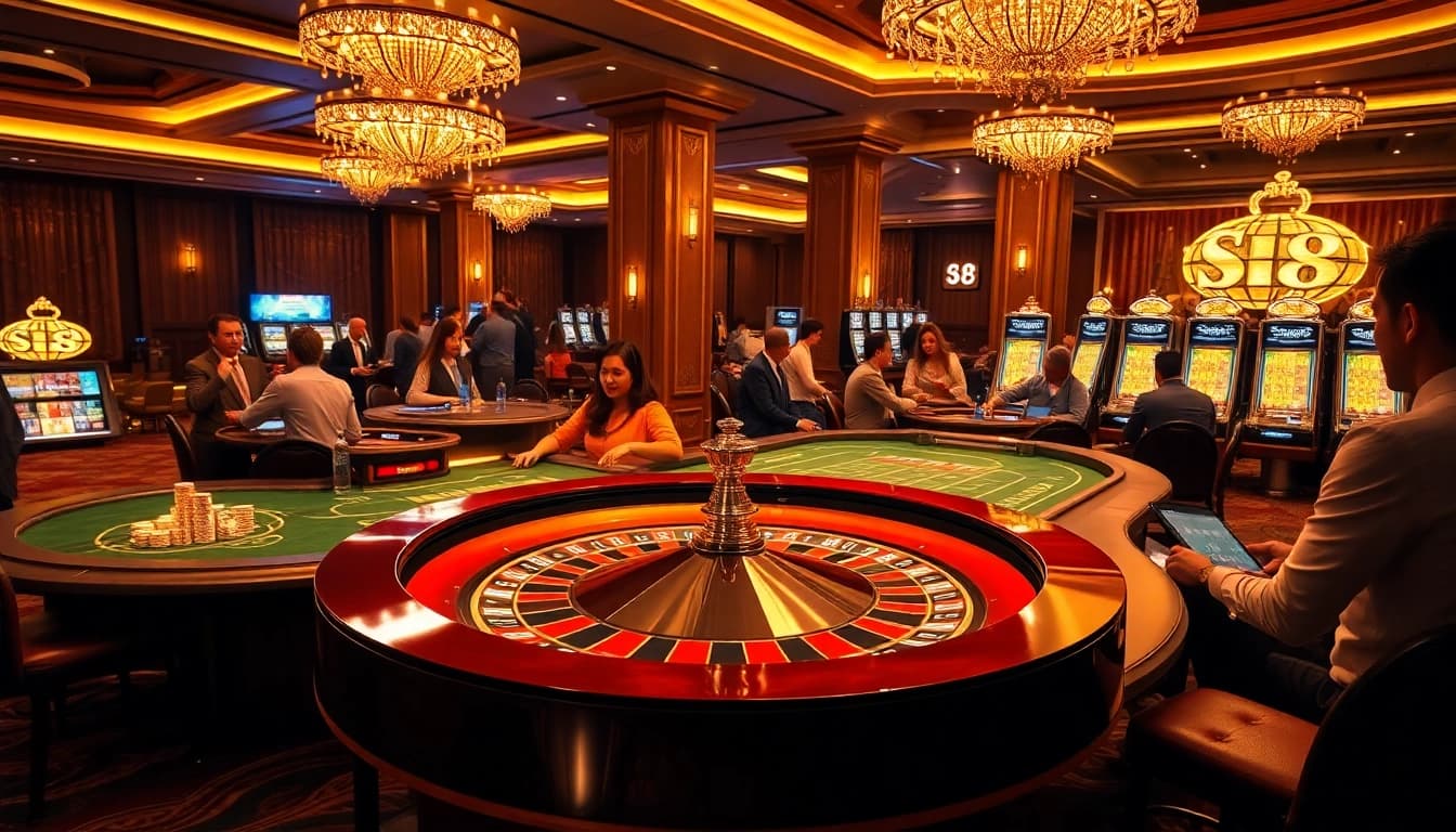 Gamblers enjoying the excitement of S8 in a luxurious casino environment with vibrant roulette wheels and slot machines.