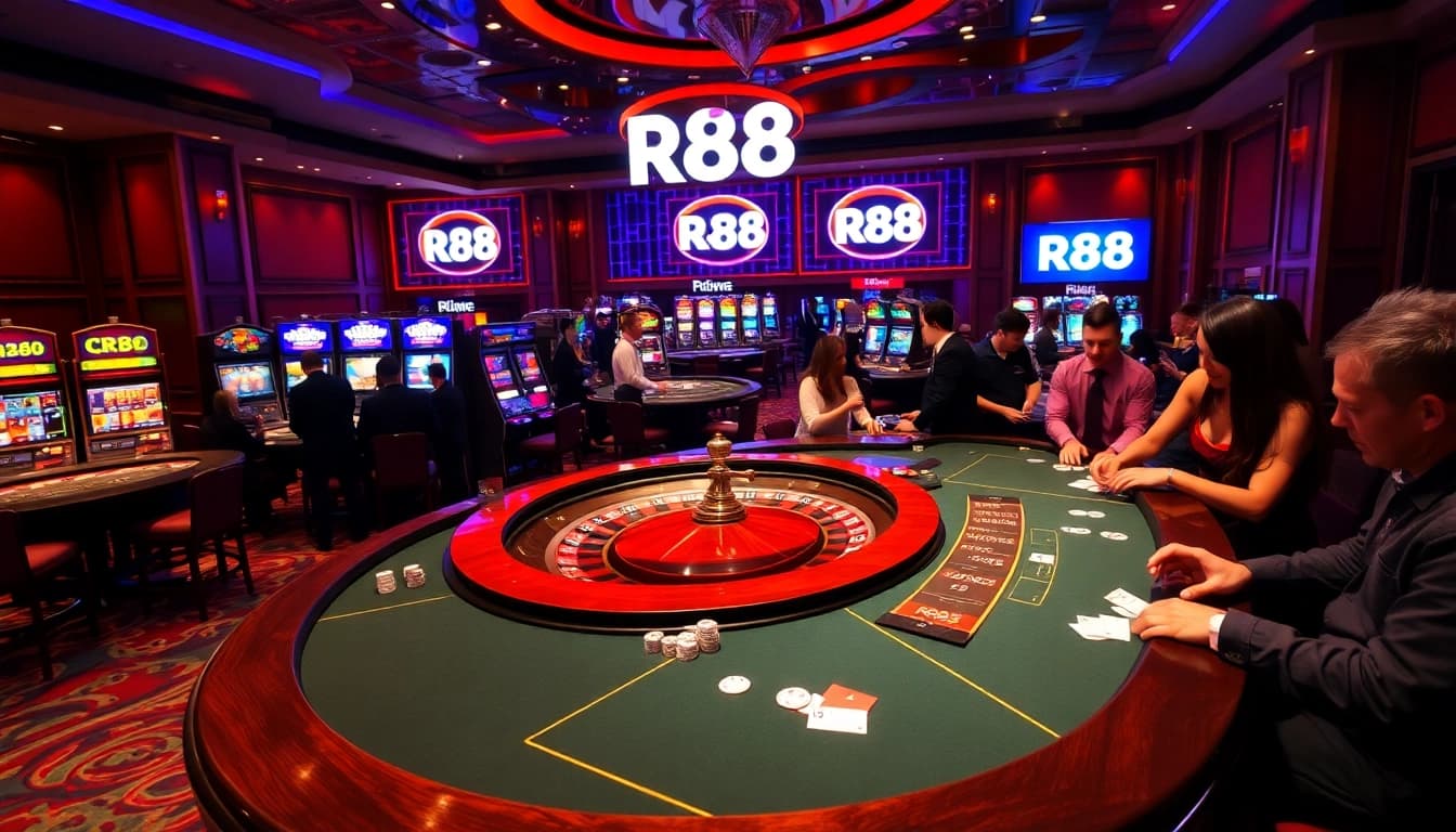 Players enjoying a thrilling game at the RR88 casino, showcasing excitement and luxurious ambience.