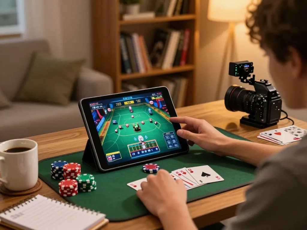 Player engaging in online casino with fly888 setup at cozy home, colorful chips and cards present