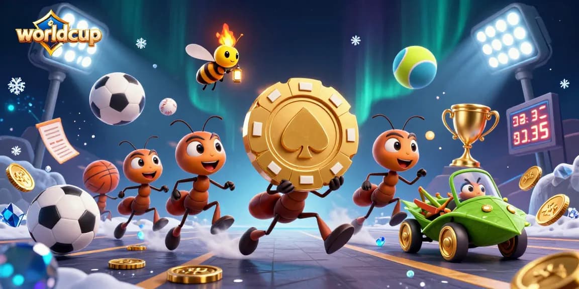 Worldcup themed 3D illustration showcasing animated ants heisting a giant poker chip amidst dynamic sports elements.