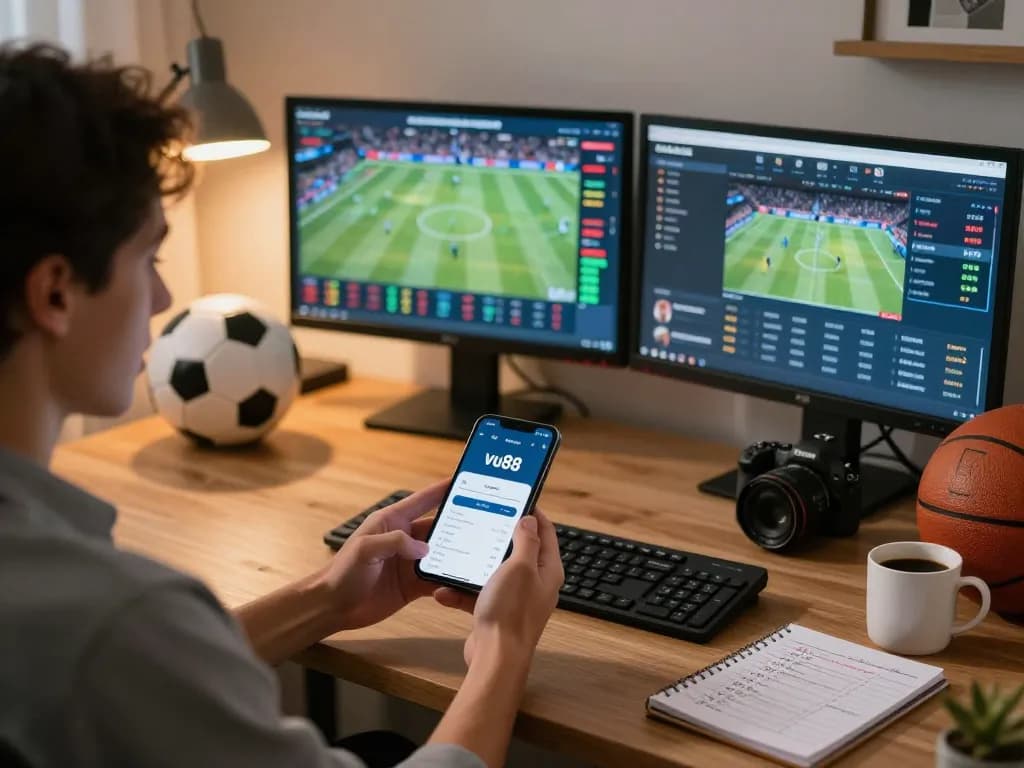 Betting enthusiast using the vu88 app on smartphone while analyzing live sports odds in a cozy home office.