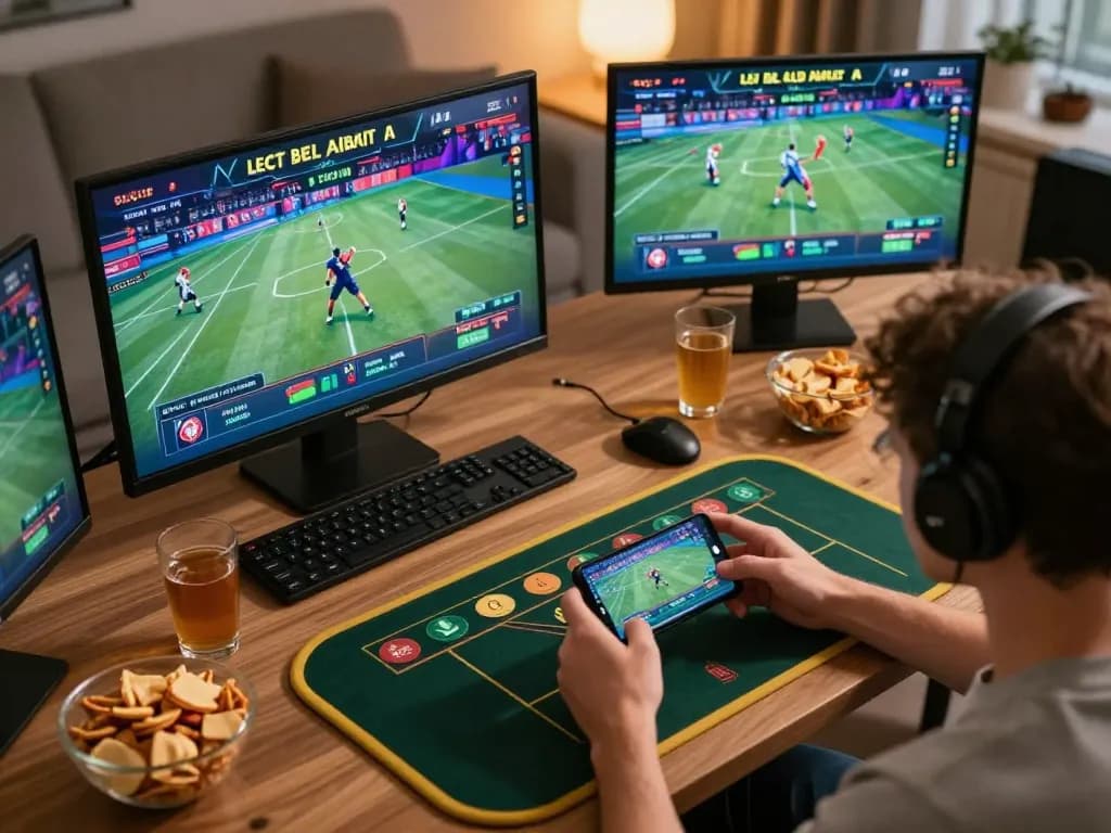 Betting enthusiast placing a bet on smartphone while watching sports, showcasing DEBET experience.