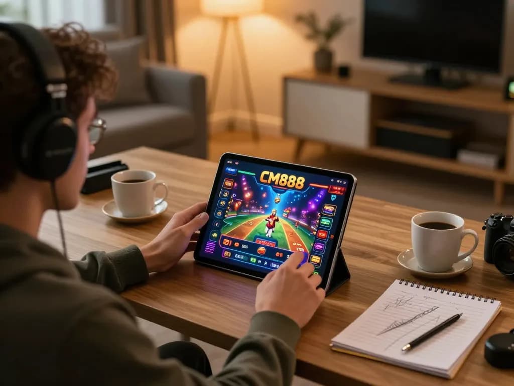 Engaged player enjoying CM888 online casino experience on a tablet in a cozy home office.