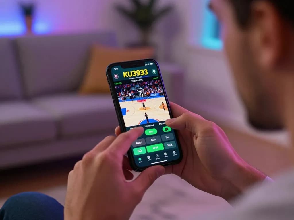 Engaged user placing live bets on the KU3933 sports betting app in a cozy home setting