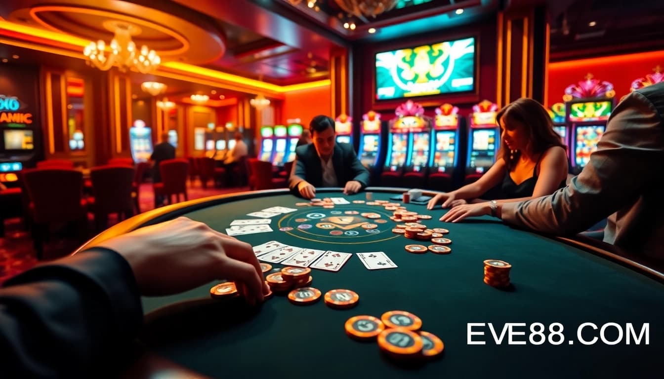 Action-packed moment at EV88.COM poker table with intense gameplay and glamorous atmosphere.