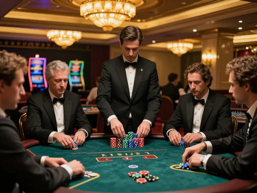 Engaging poker game at VB88 casino featuring players and professional dealer in luxurious setting