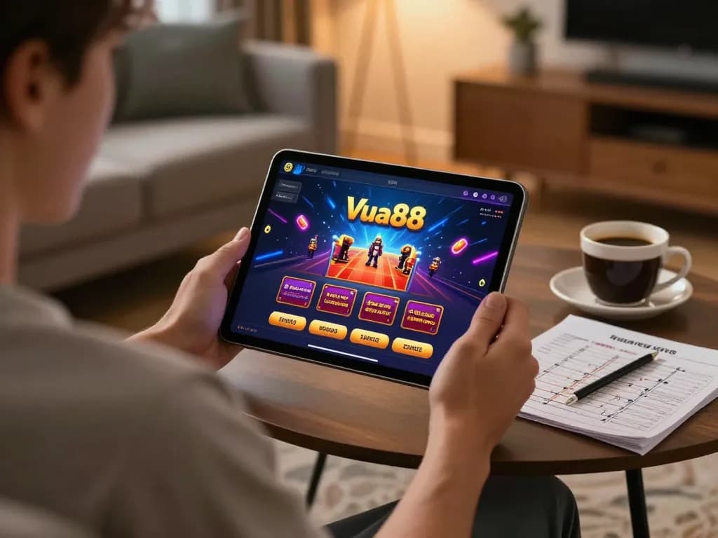 Playing Vua88 on a tablet at home, with strategic notes and coffee nearby