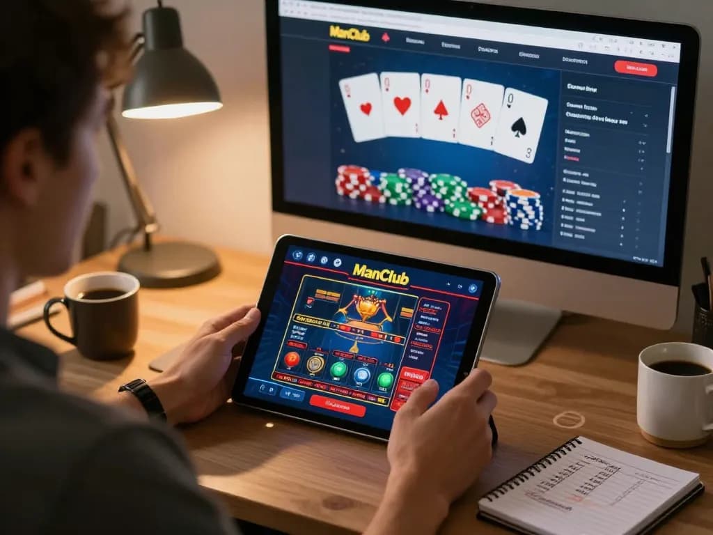Engaged player experiencing ManClub's online casino gaming on a tablet in a cozy home office setup.
