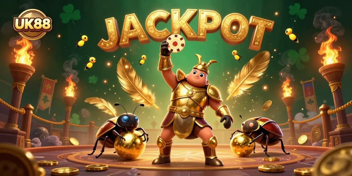 Engage with the thrilling world of UK88, showcasing a gladiator beetle in victory, surrounded by casino elements.