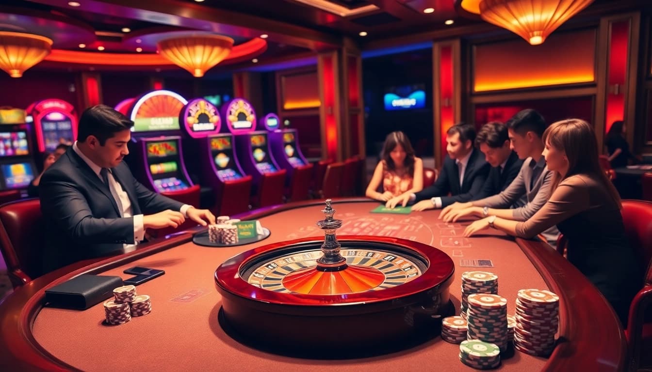 Cổng game HITCLUB features a lively casino scene with poker players and a spinning roulette wheel.