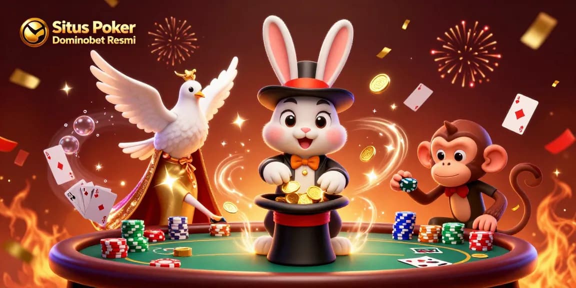 Experience the thrill of festive poker gameplay with Situs Poker Dominobet Resmi, featuring vibrant characters and poker elements.