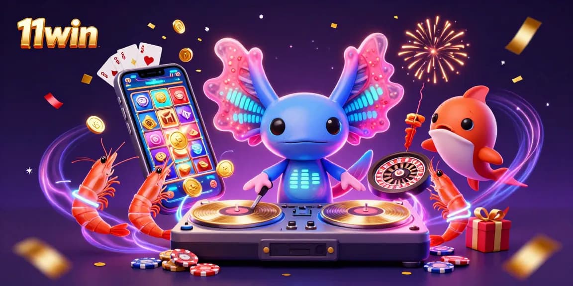 Experience vibrant 11win gameplay with a neon axolotl DJ and dynamic casino elements.