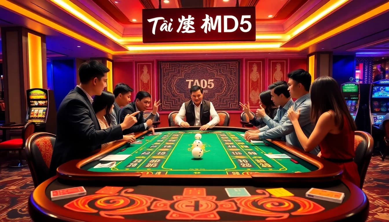 Engaging players in Tài Xỉu MD5 at a luxurious casino table, showcasing excitement and trust.