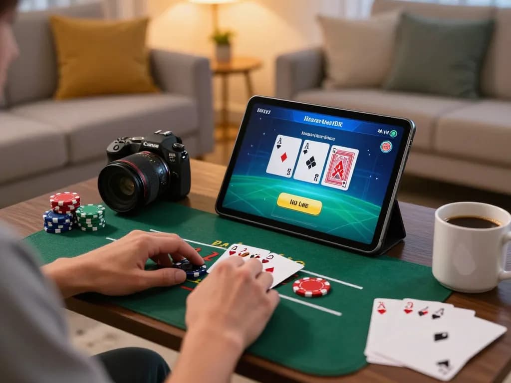 Enjoying strategic play on man88a's live dealer blackjack in a cozy home setting.