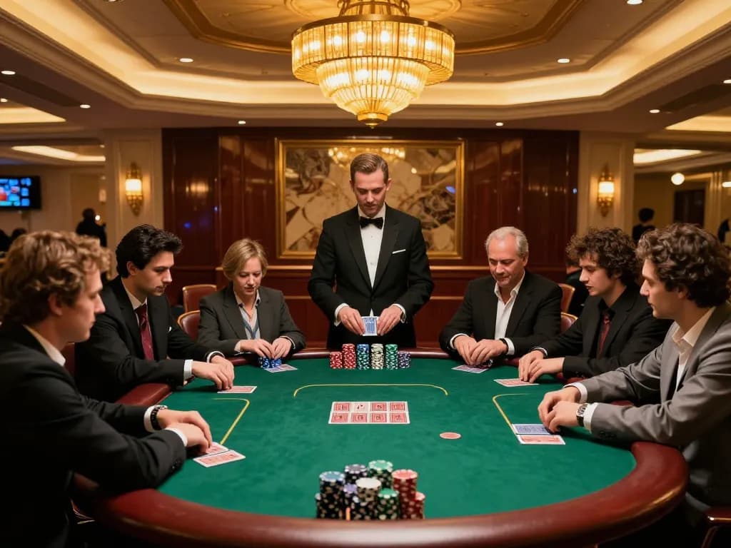 Intense poker game featuring da88 players strategizing over chips and cards in a luxurious casino.