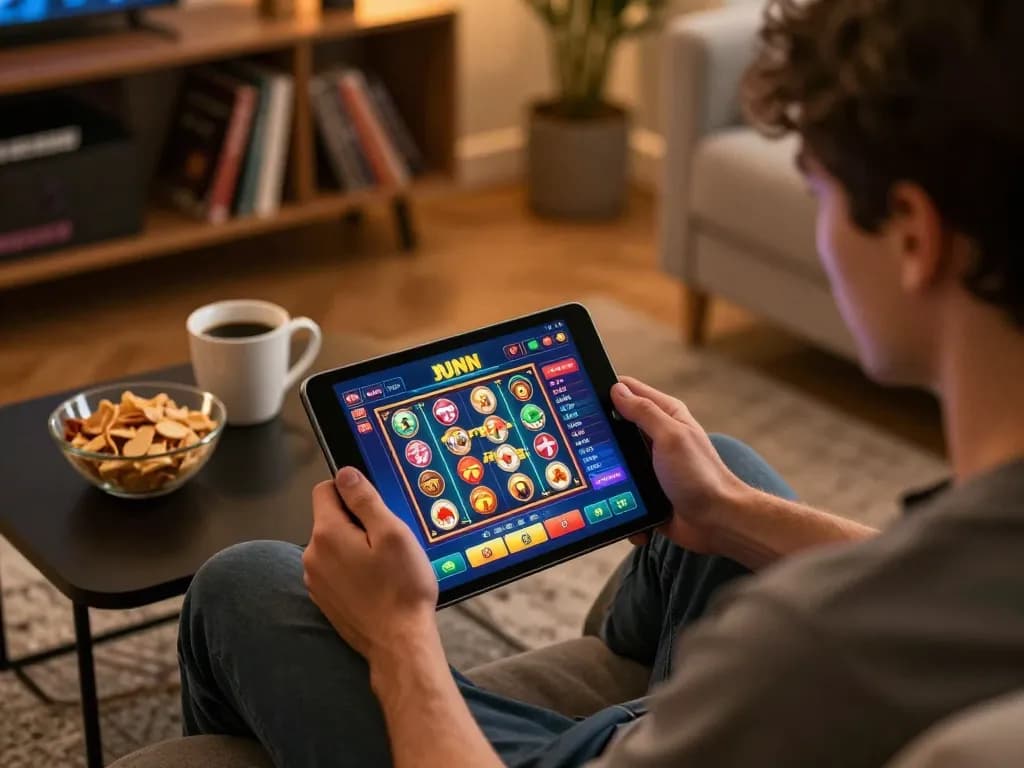 Player engrossed in JJNN online casino game interface at home, showcasing gaming strategy.