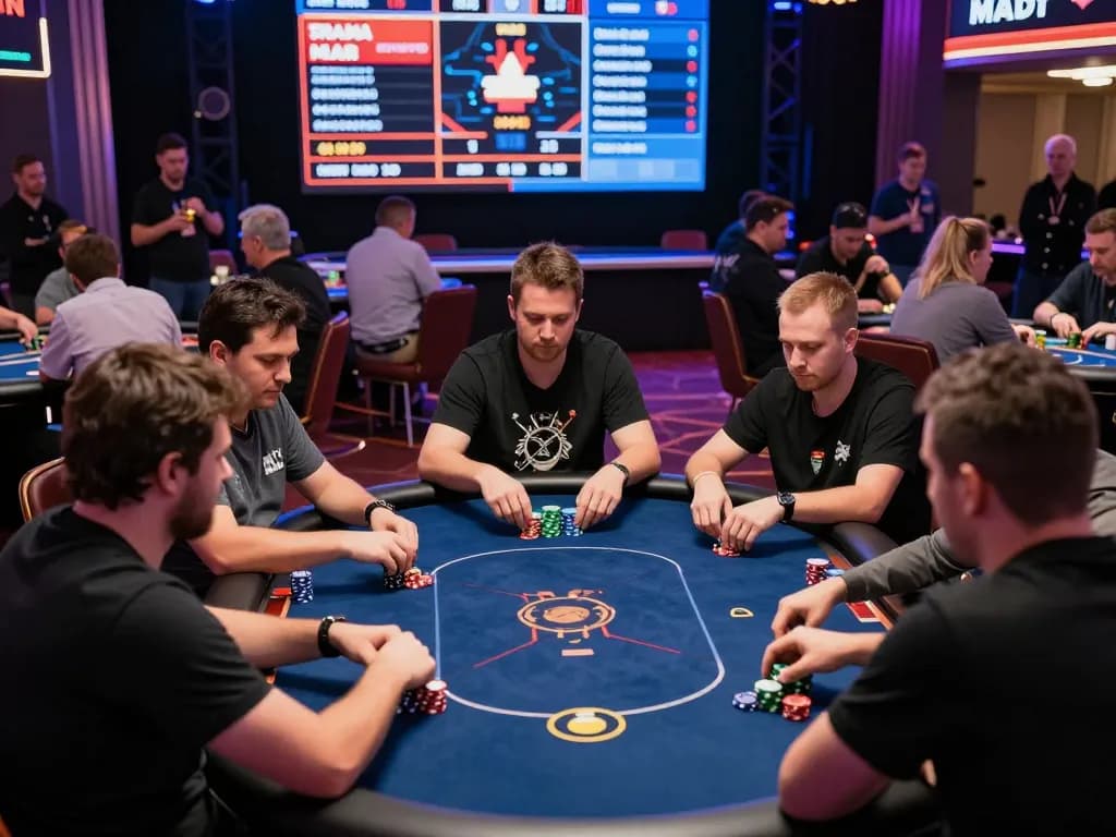 Players engaging in an intense Vin88 poker tournament with vibrant casino atmosphere.