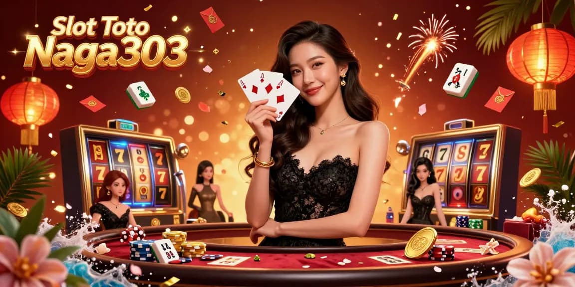 Experience Slot Toto Naga303 with a glamorous Asian woman holding cards in a vibrant casino scene.