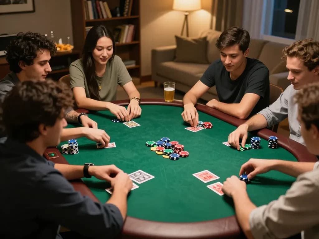 Players strategizing in a lively poker game, enhancing giải mã số học with every hand played.