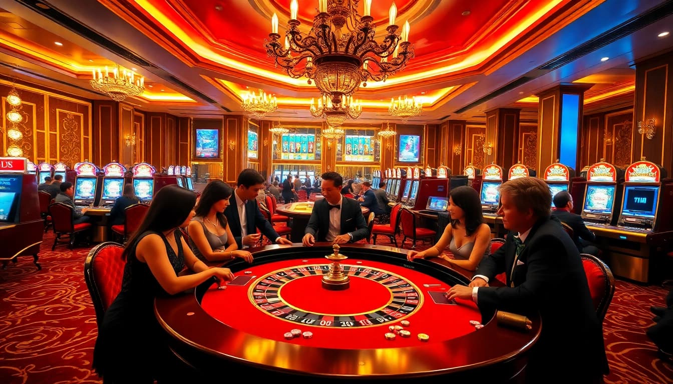 Players enjoying roulette at https://lucky88sss.com/ in an elegant casino setting, capturing excitement and luxury.