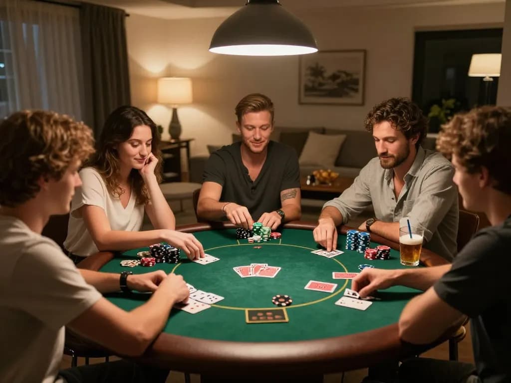 Engaged friends playing poker during a home game night featuring the RR88 casino experience.