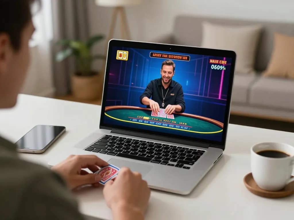 Engaging in blackjack via fc88k live dealer game on a laptop in a cozy setting