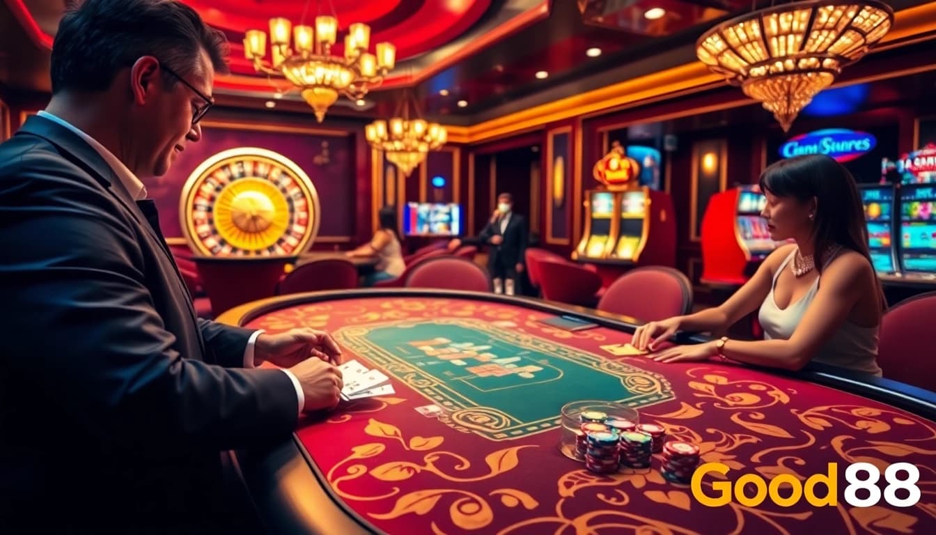 Game at Good88 casino with professional dealer and vibrant poker table.