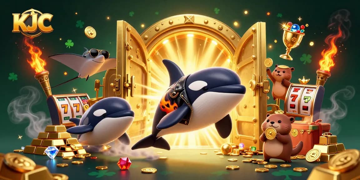 KJC brings excitement as an orca in a biker jacket performs in a vibrant casino scene with treasures.