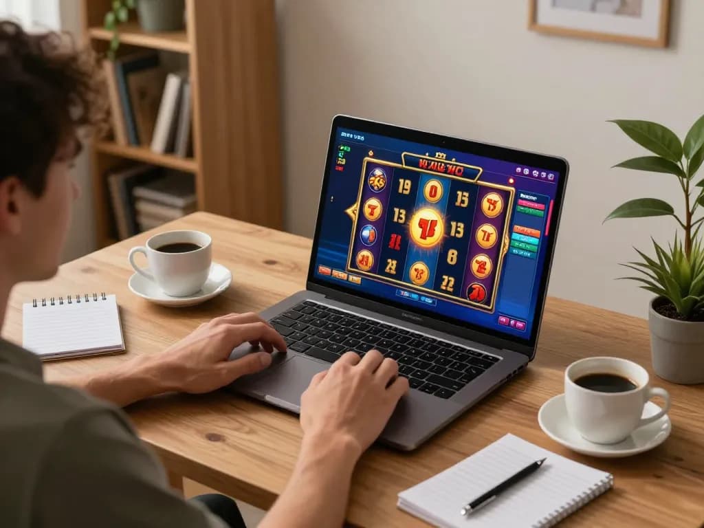Playing exciting game nổ hũ on a sleek laptop at a cozy home desk, with vibrant visuals and strategic notes.