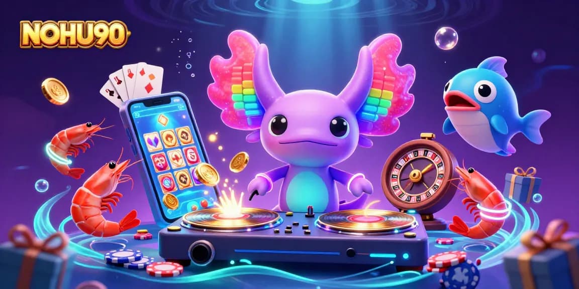 Experience the excitement of slots and jackpots at NOHU90's vivid underwater casino scene filled with dynamic characters.