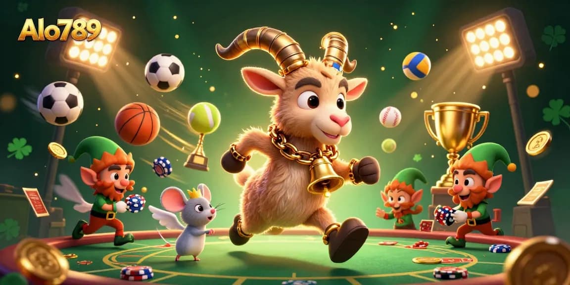 Alo789 casino features cartoon characters in a dynamic holiday scene with festive elements and gaming action.