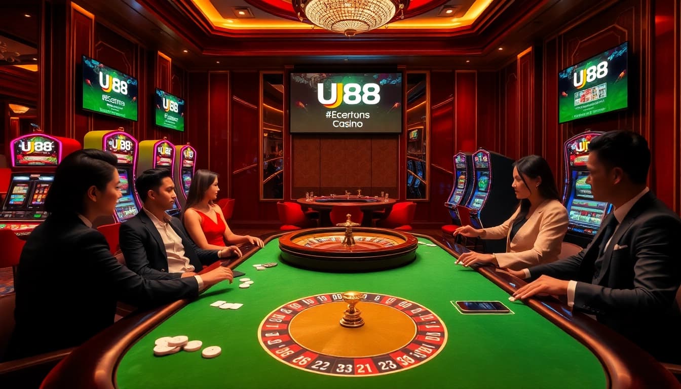 Experience thrilling gambling action with UU88 in a luxurious casino setting featuring tables and slot machines.