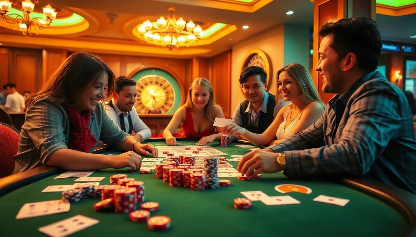 Players engaging in a rikvip game, with colorful poker chips and cards in a vibrant casino setting.