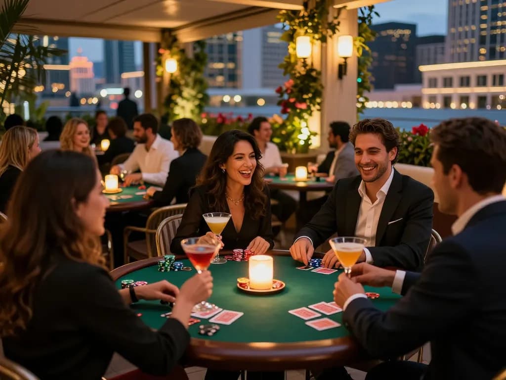 Players enjoying strategic poker games at a vibrant gem88 casino terrace with lively atmosphere.