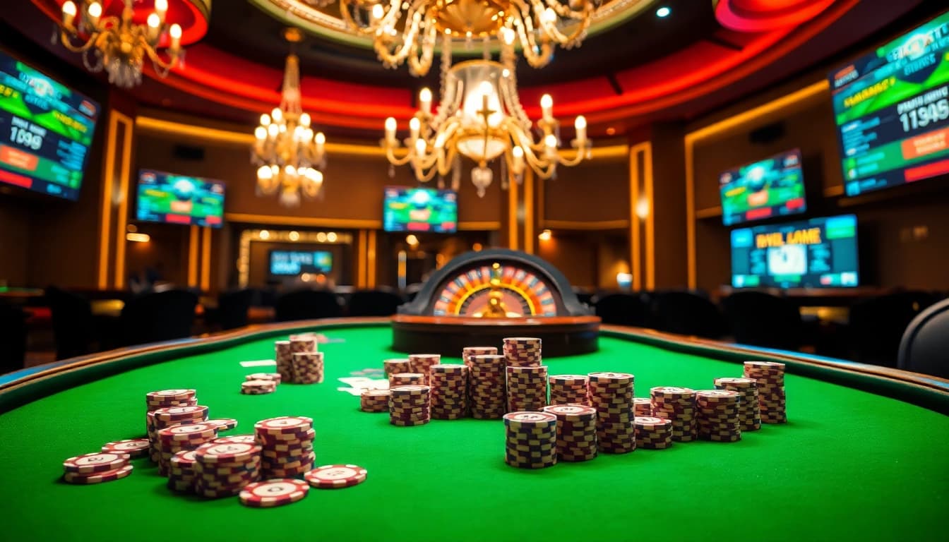 Experience thrilling poker action at https://www.goaldaddyth.com/ with vibrant chips and cards on a casino table.