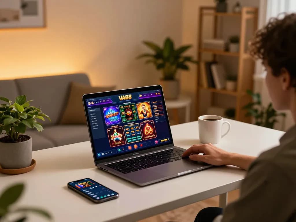 Person engaging in an online game on VA88, showcasing a vibrant casino interface in a cozy setup