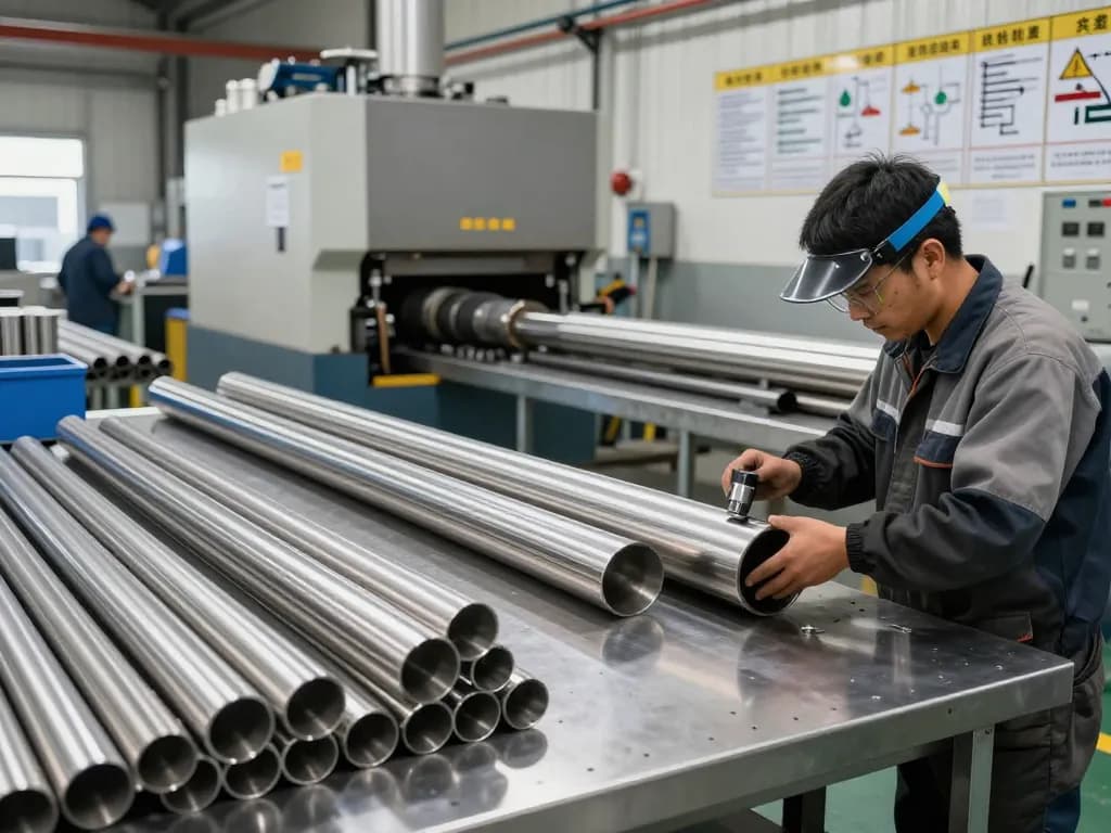 Worker polishing sumwin stainless steel pipes in an industrial setting showcasing precision and craftsmanship.