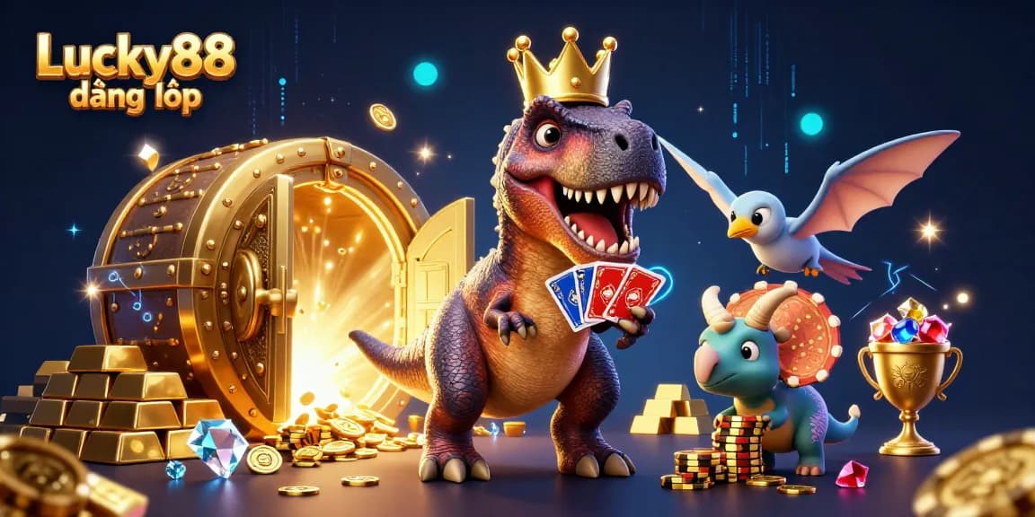 Engage in thrilling gameplay with Lucky88 đăng nhập featuring a T-Rex and vibrant casino elements.