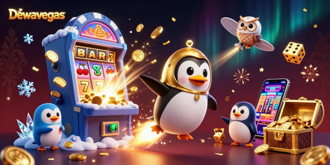 Dewavegas entices players with a vibrant, lively 3D illustration of a penguin in space over a casino-themed backdrop.