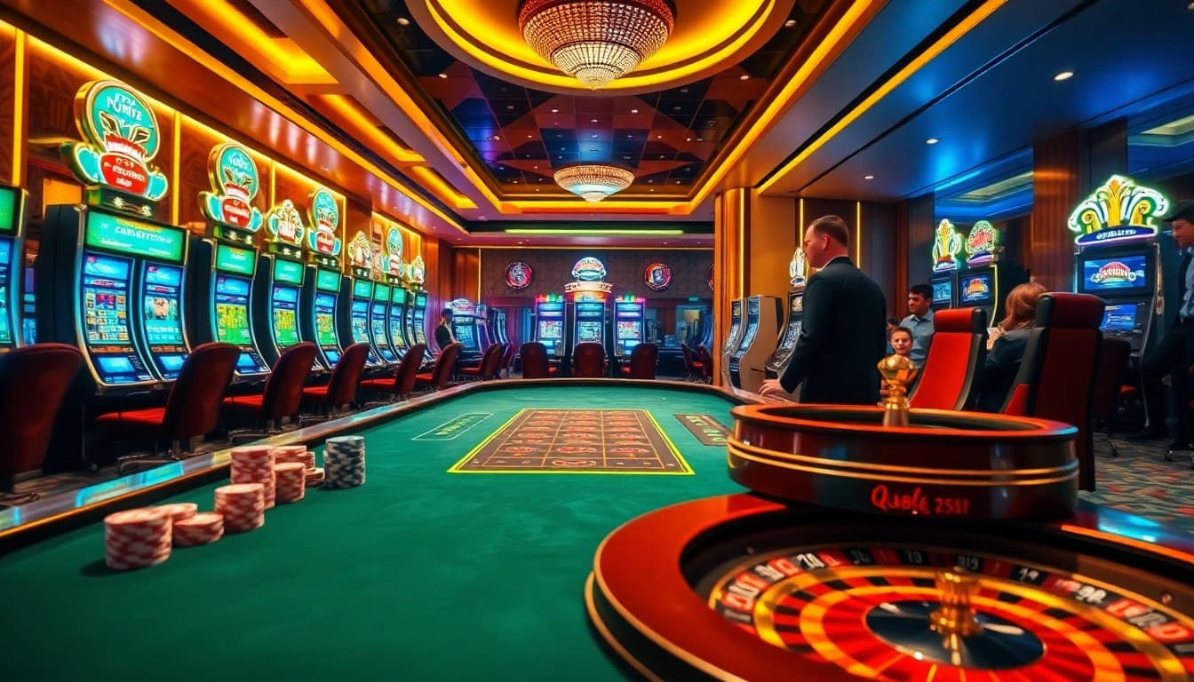 Engaged players winning big at QQ888 Dev casino scene with vibrant poker chips and roulette wheel.