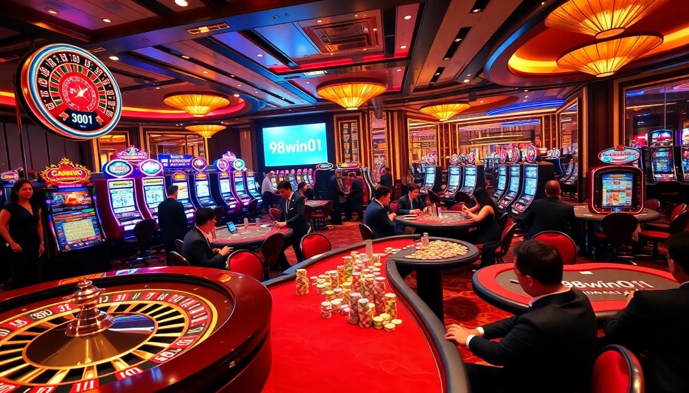 Engaging scene showcasing vibrant 98win01 casino atmosphere with roulette and poker.