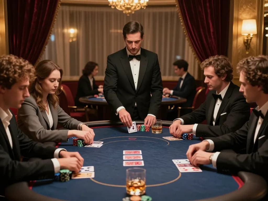 TA88 poker players engaging in a strategic game night, luxurious high-stakes setting.