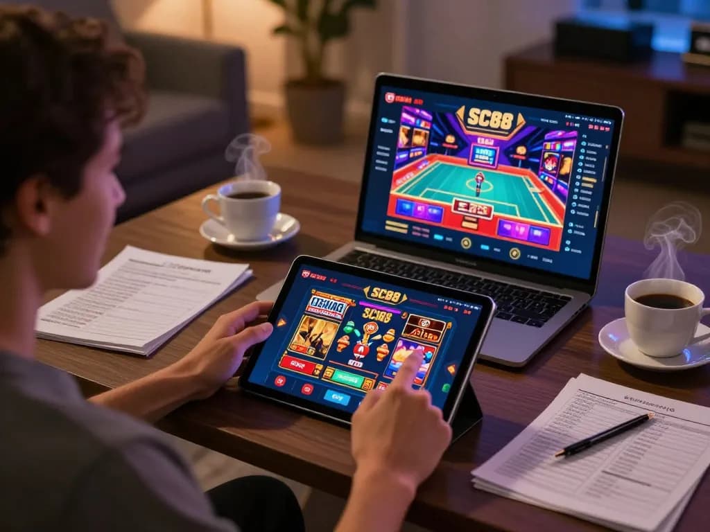 Player enjoying SC88 casino app on tablet at home, showcasing vibrant gameplay.