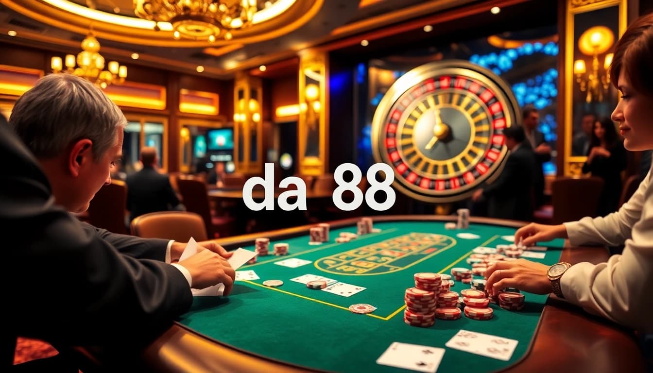 Engaged players at a luxury poker table strategizing in the casino, featuring link da88 poker chips and cards.
