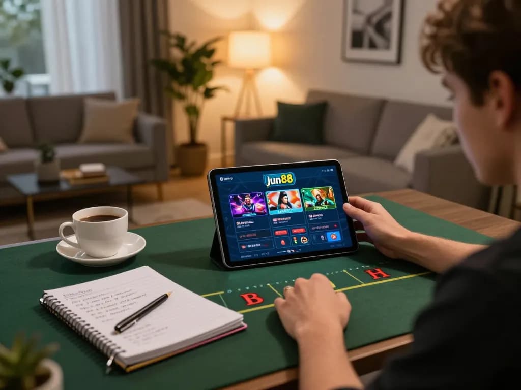 Player engaging with jun88 casino app on tablet, illustrating modern home gaming experience.