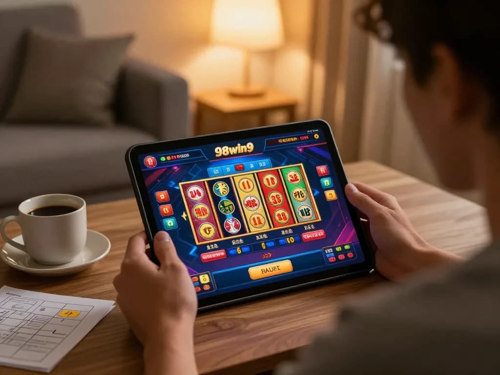 Player enjoying vibrant 98win9 gaming experience on tablet in cozy home environment