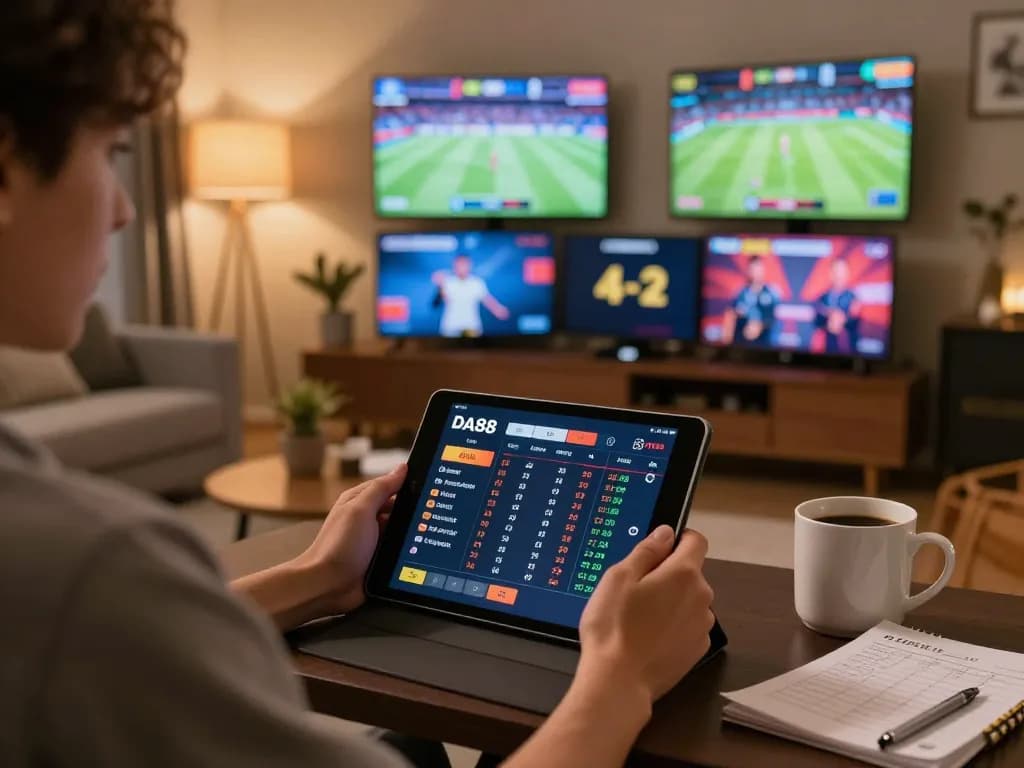 Engaging in live sports betting on DA88 with tablet and analysis materials at hand