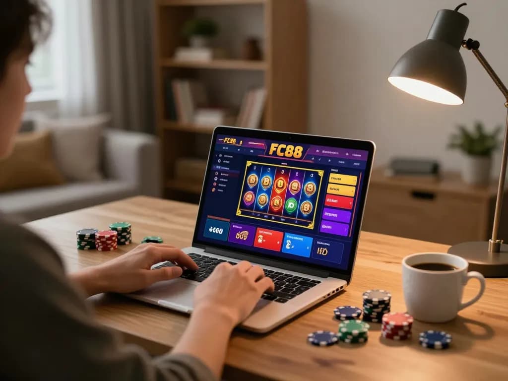 Engaging online gambling session at FC88 with colorful slots displayed on the screen.